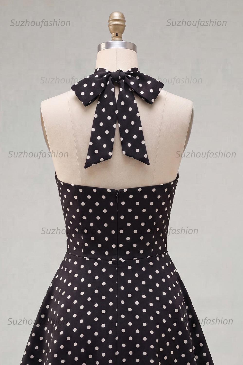 Suzhoufashion Black & White Polka Dot Halter Keyhole A-Line Short Homecoming Dress