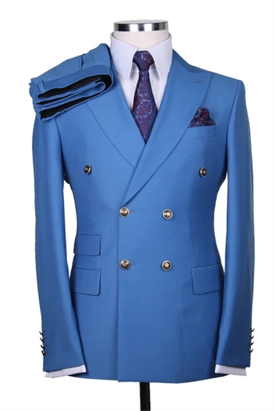 Suzhoufashion Blue Double Breasted Peaked Lapel Men Suits