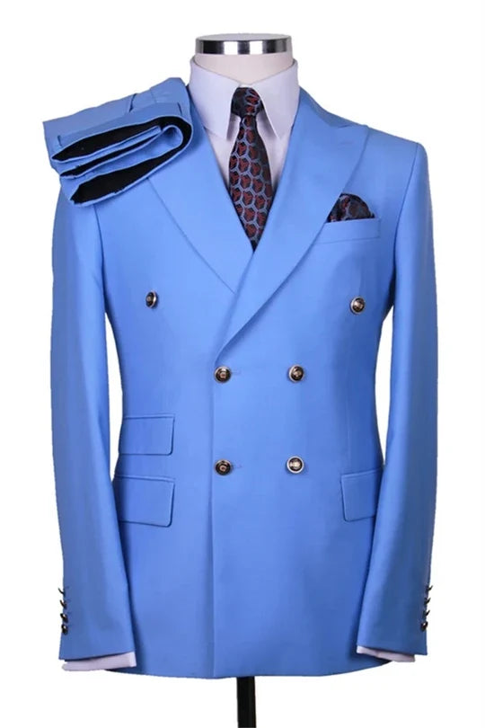 Suzhoufashion Blue Double Breasted Peaked Lapel Two Pieces Wedding Men Suits