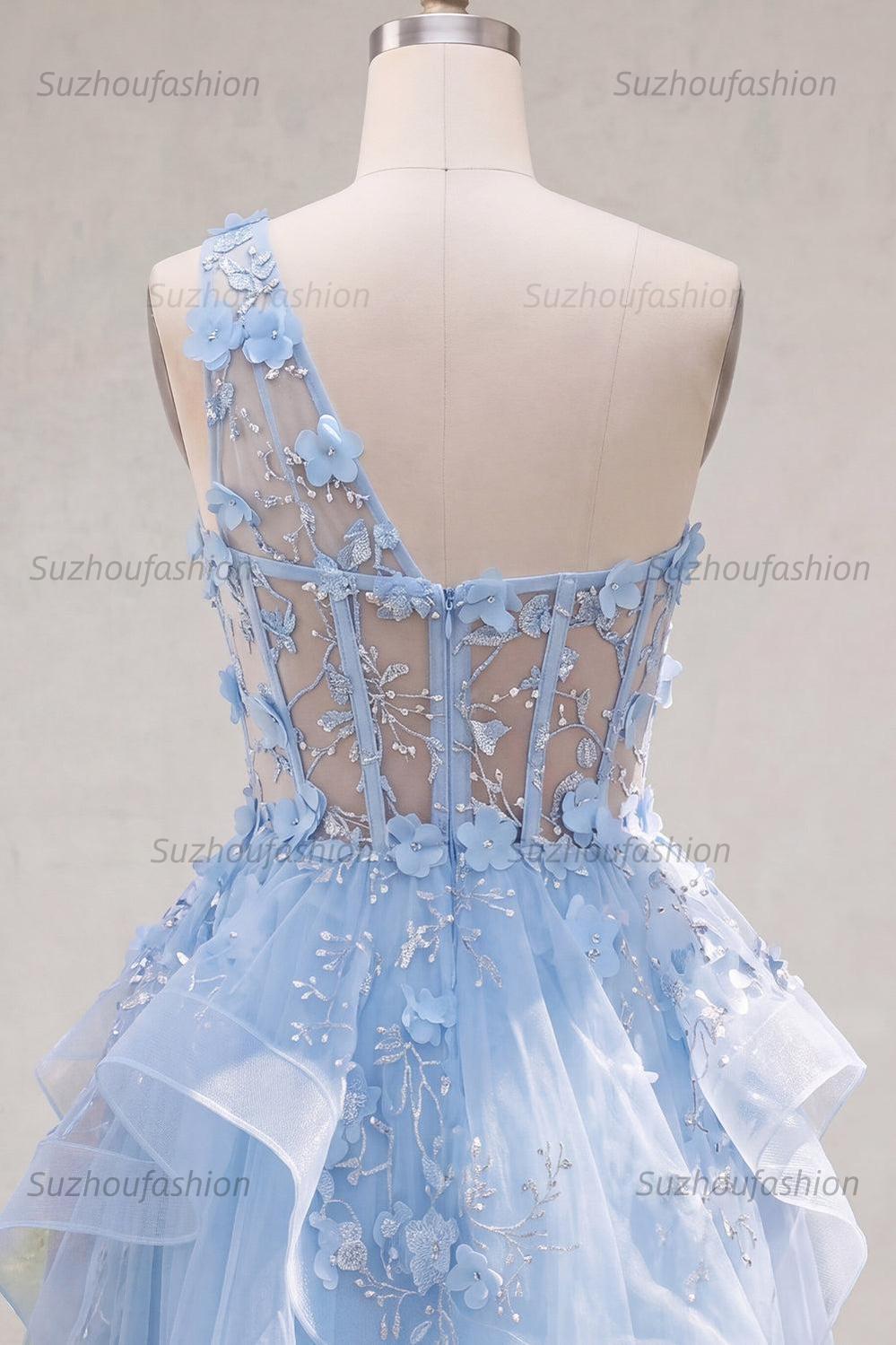Suzhoufashion Blue Floral Beaded Keyhole A-Line Corset Short Homecoming Dress with Ruffles