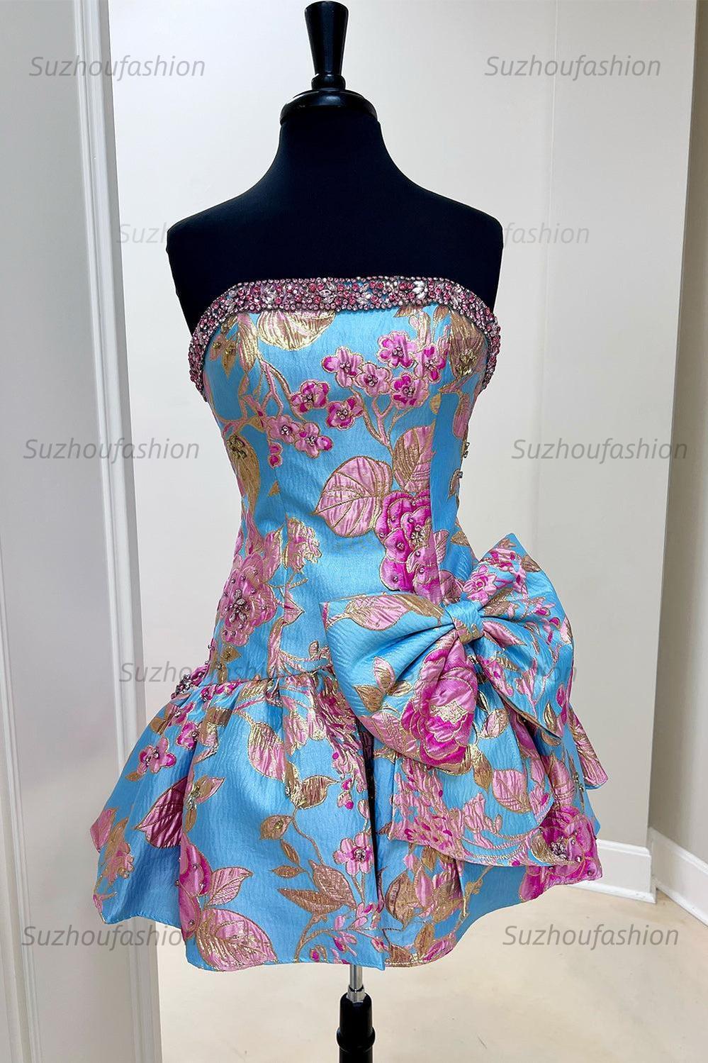 Suzhoufashion Blue Floral Beaded Strapless Short A Line Homecoming Dress with Bow