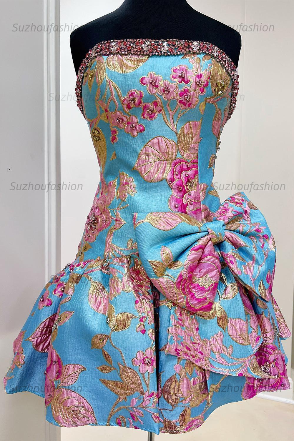 Suzhoufashion Blue Floral Beaded Strapless Short A Line Homecoming Dress with Bow