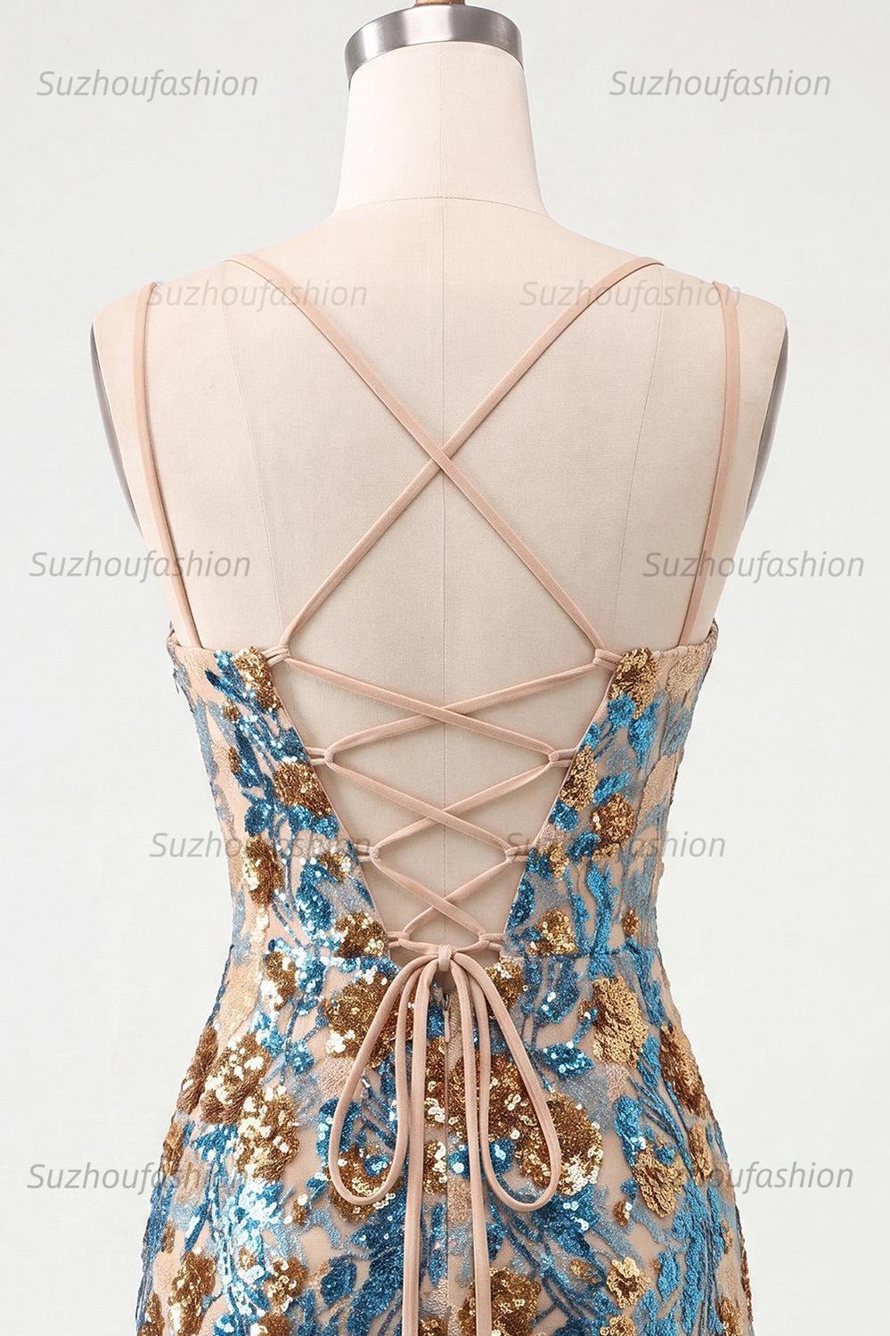Suzhoufashion Blue Floral Corset Sequin Tight Short Homecoming Dress