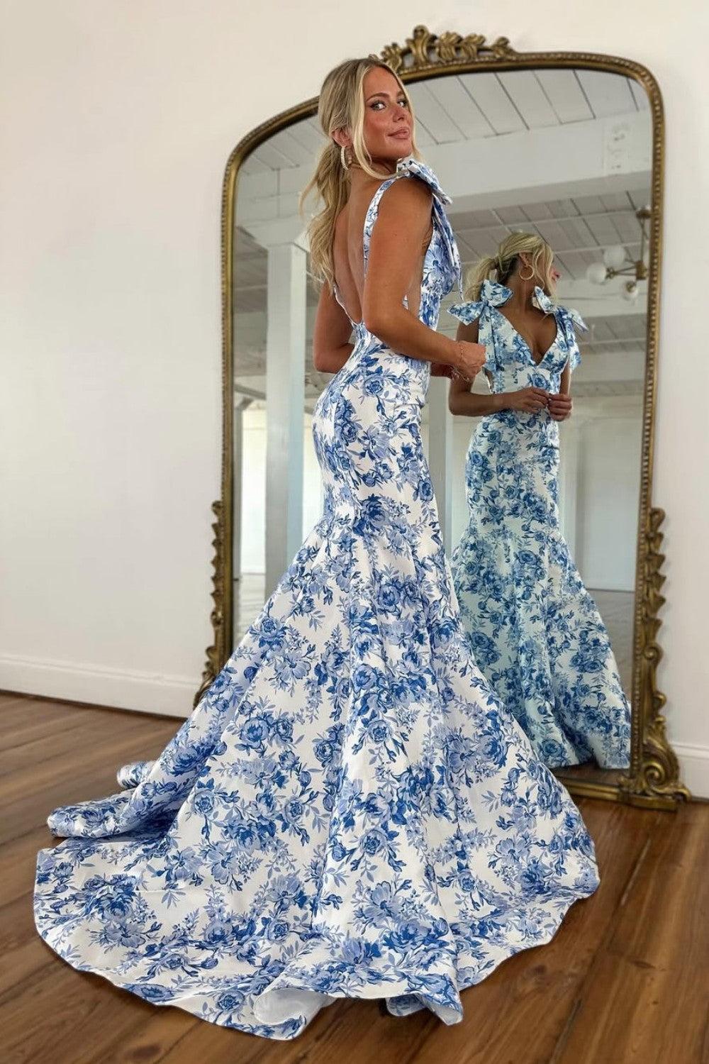 Suzhoufashion Blue Floral Print Mermaid Prom Dress With Bow Shoulder Straps Formal Evening Gown