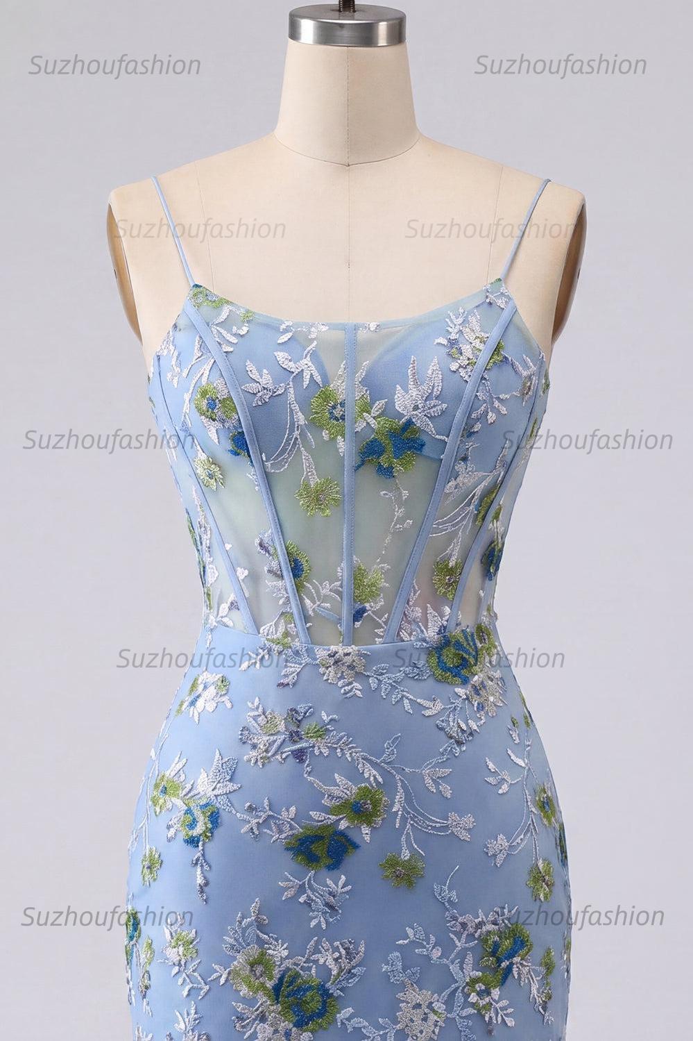 Suzhoufashion Blue Floral Spaghetti Straps Corset Tight Short Homecoming Dress