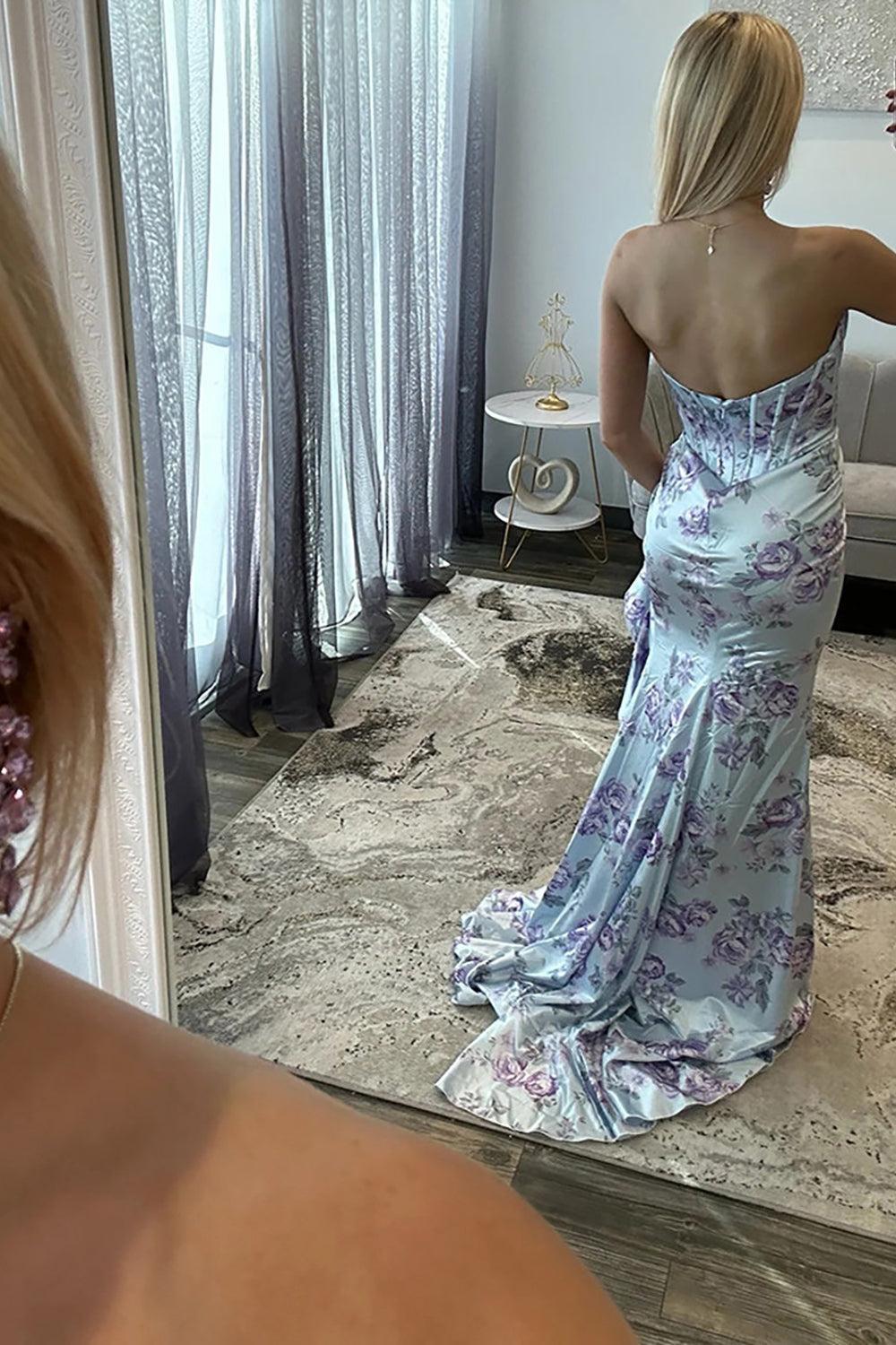 Suzhoufashion Blue Flower Satin Prom Dress Mermaid Printed Corset Ruffled Long Formal Dress With Slit