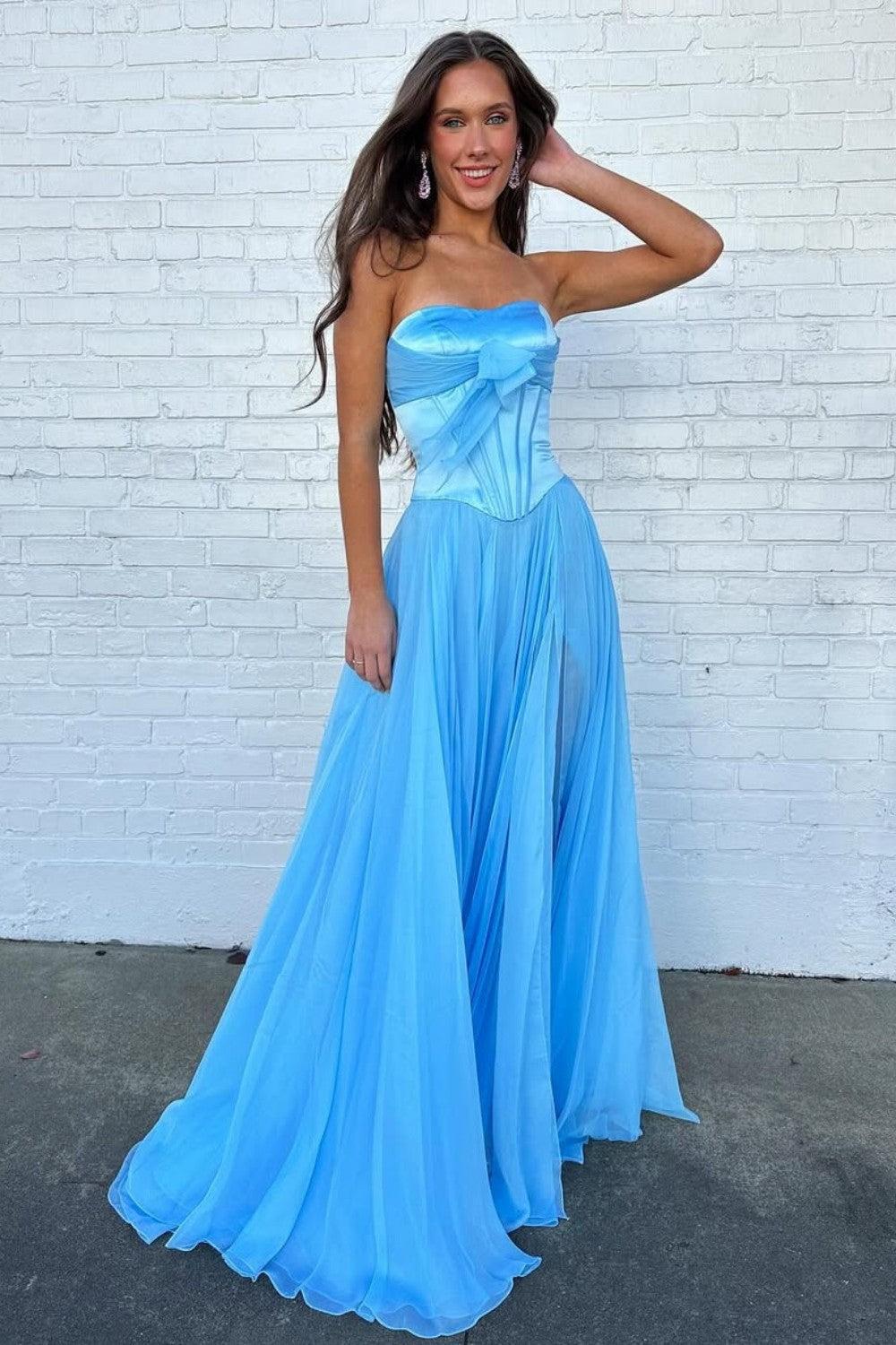Suzhoufashion Blue Flowing Chiffon Strapless Corset Prom Dress With Bow Bodice Formal Evening Gown