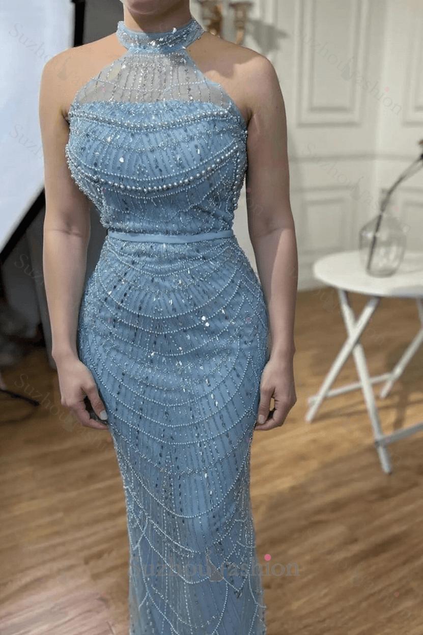 Suzhoufashion Blue Halter Formal Dress Beaded Sheath/Column Wedding Guest Dress