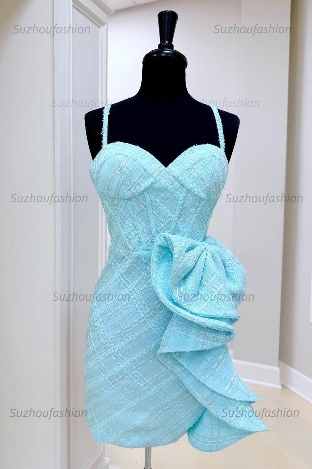 Suzhoufashion Blue Ruffled Corset Spaghetti Strap Tight Short Homecoming Dress