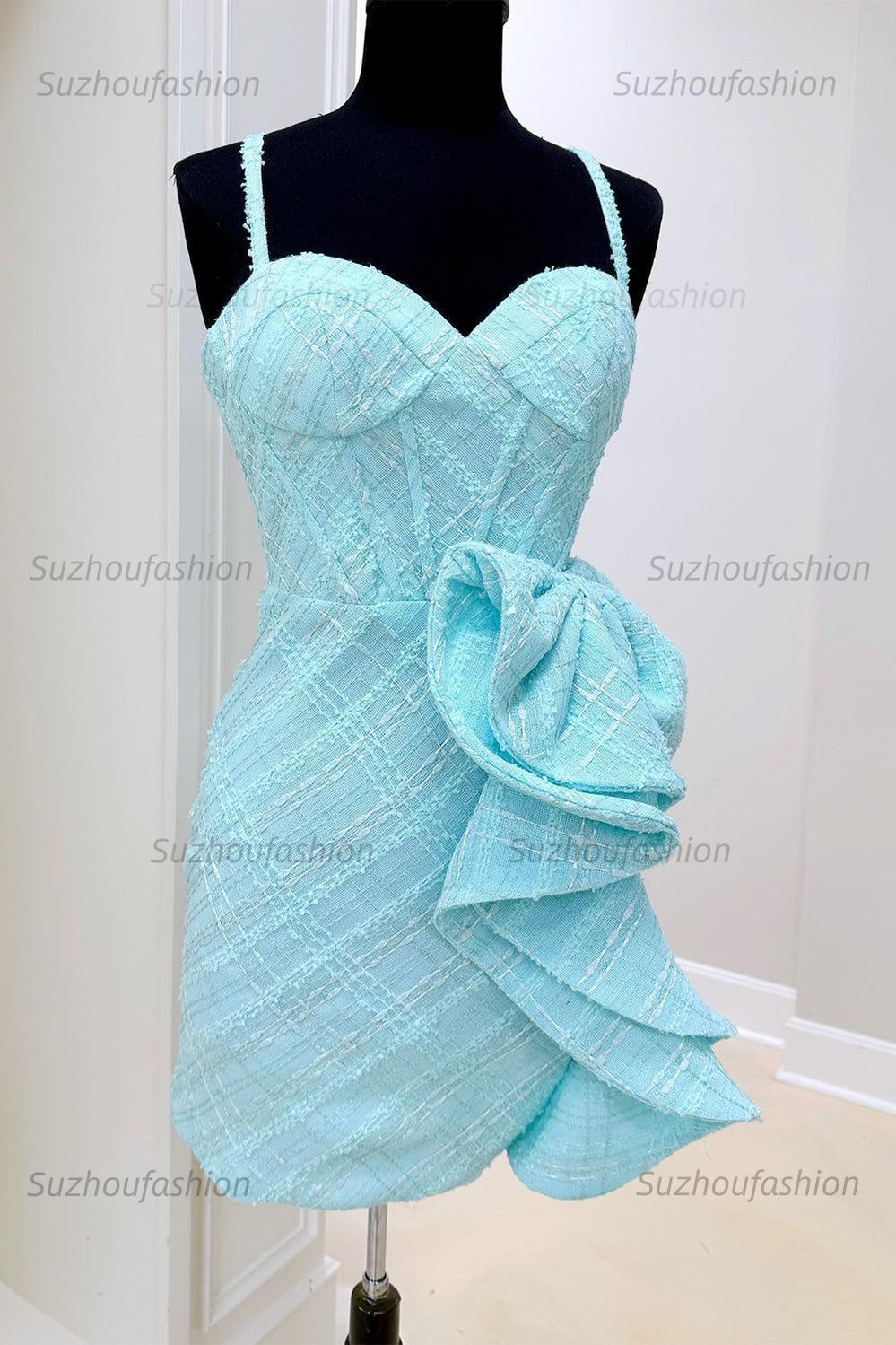 Suzhoufashion Blue Ruffled Corset Spaghetti Strap Tight Short Homecoming Dress