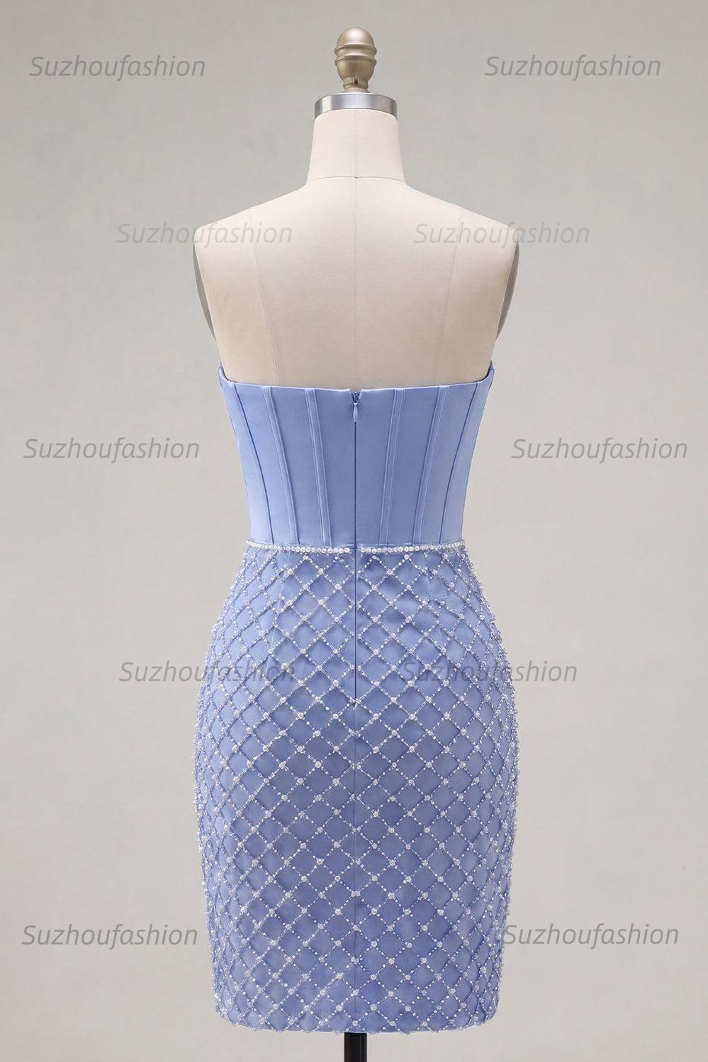 Suzhoufashion Blue Strapless Basque Waist Corset Tight Short Homecoming Dress with Pearls