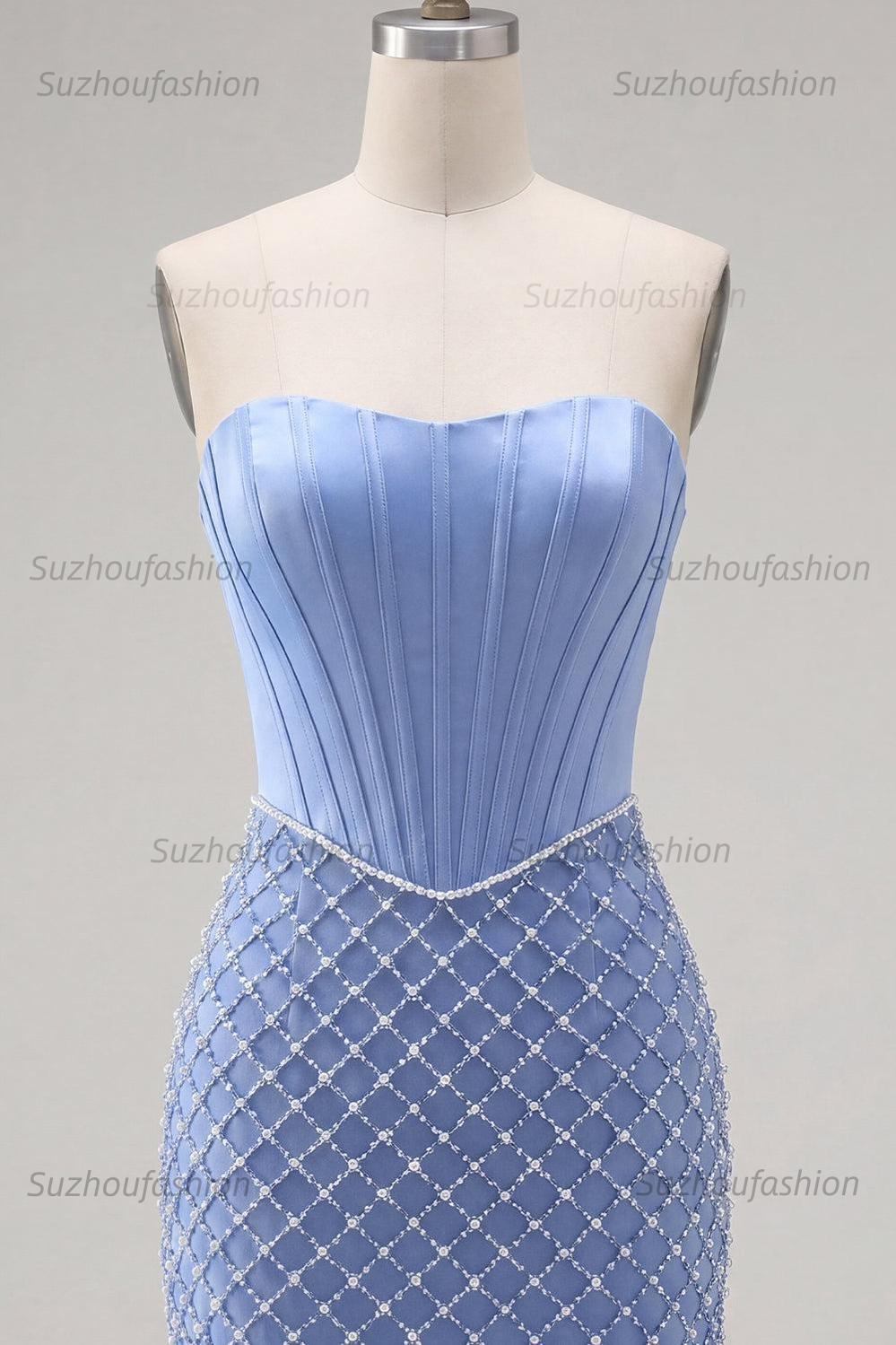 Suzhoufashion Blue Strapless Basque Waist Corset Tight Short Homecoming Dress with Pearls