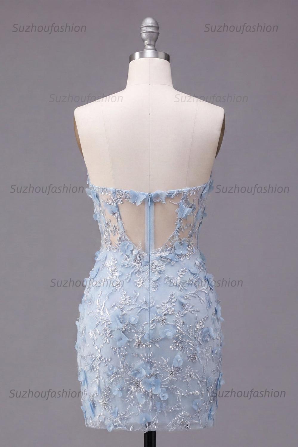 Suzhoufashion Blue Strapless Floral Beaded Corset Tight Short Homecoming Dress