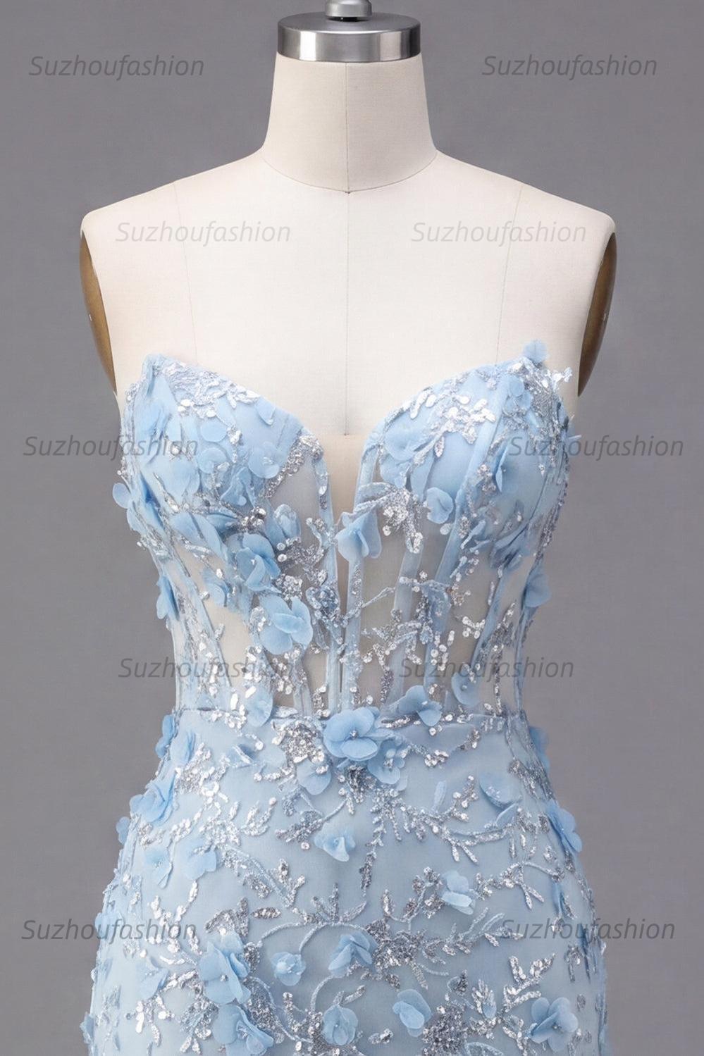 Suzhoufashion Blue Strapless Floral Beaded Corset Tight Short Homecoming Dress