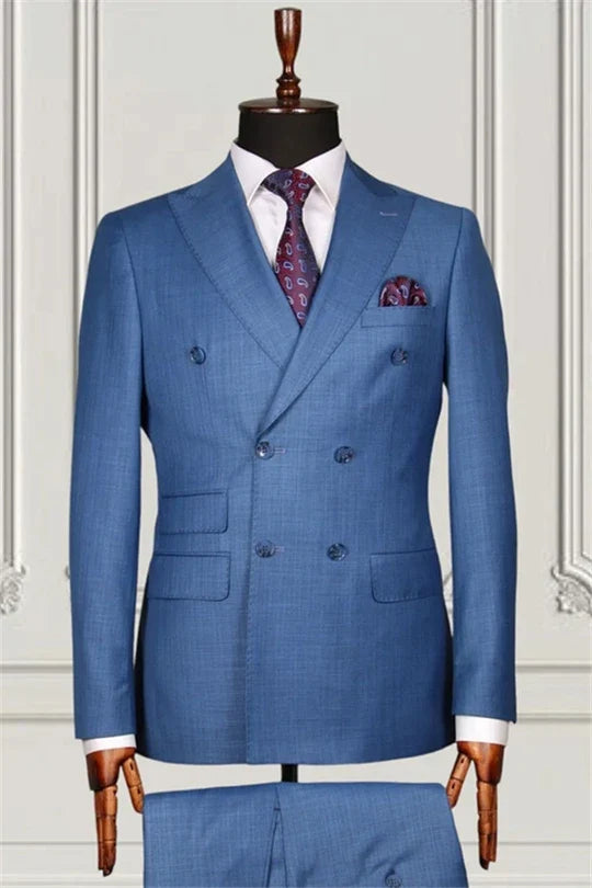 Suzhoufashion Blue Three Pieces Plaid Peaked Lapel Men Suits