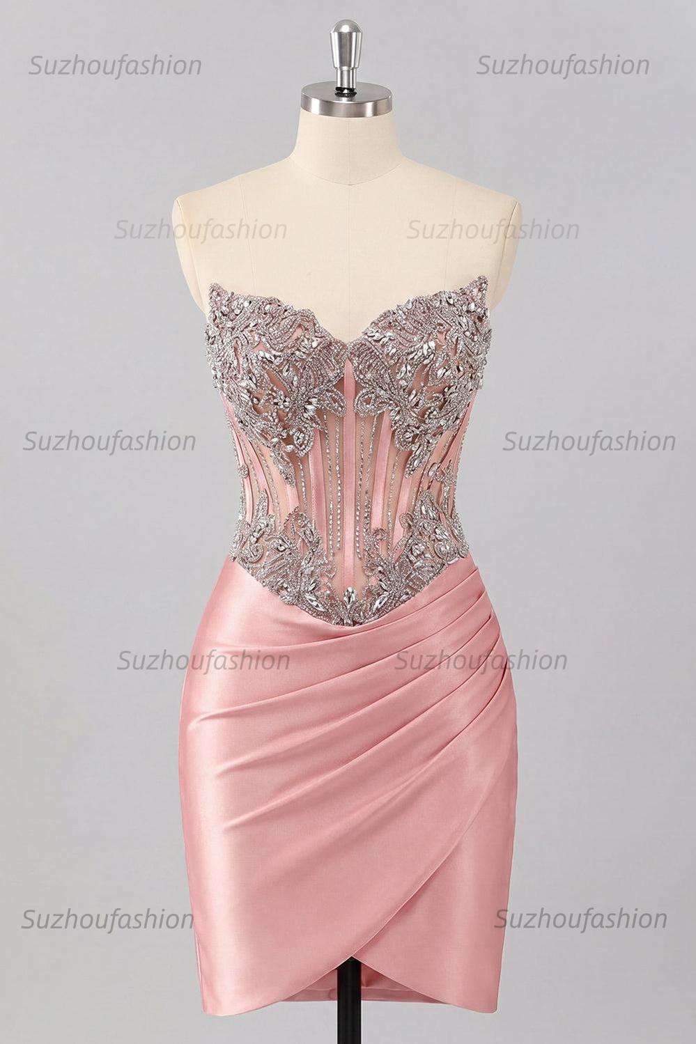 Suzhoufashion Blush Basque Waist Beaded Ruched Corset Tight Short Homecoming Dress
