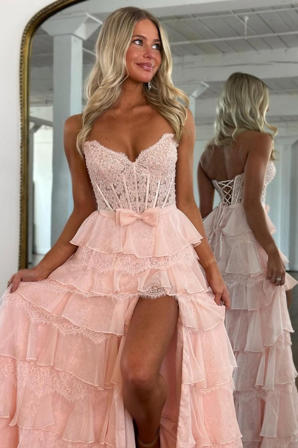 Suzhoufashion Blush Pink A-Line Lace Corset Prom Dress With Tiered Ruffle Skirt & Slit Formal Evening Gown