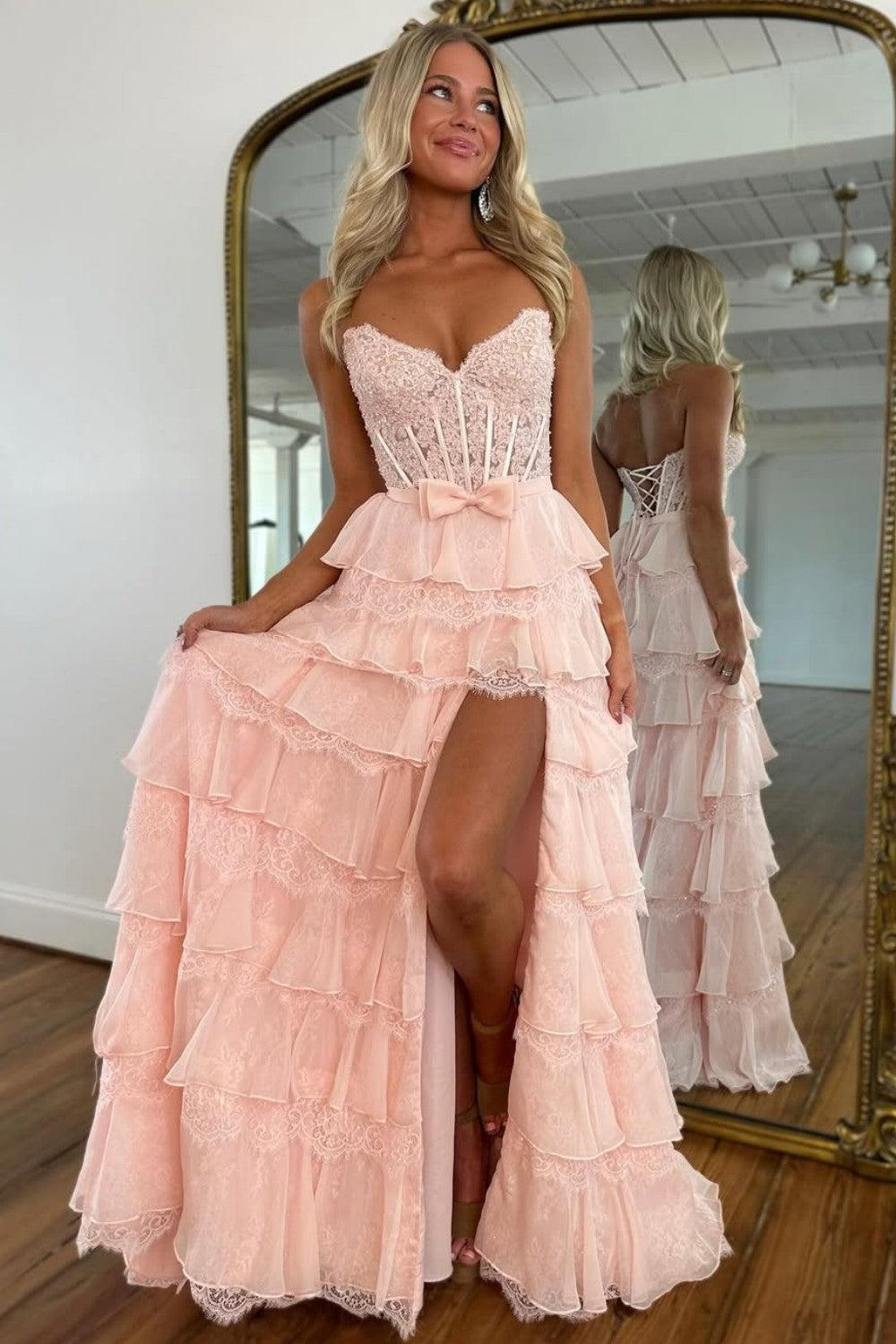 Suzhoufashion Blush Pink A-Line Lace Corset Prom Dress With Tiered Ruffle Skirt & Slit Formal Evening Gown