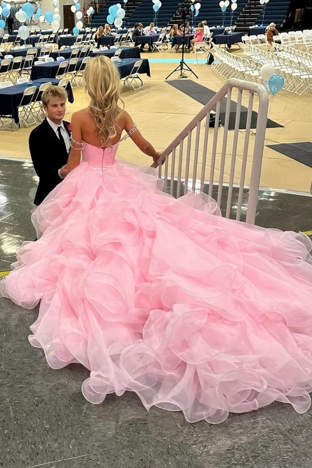 Suzhoufashion Blush Pink Off-The-Shoulder Ball Gown With Crystal Embellishments Formal Evening Gown