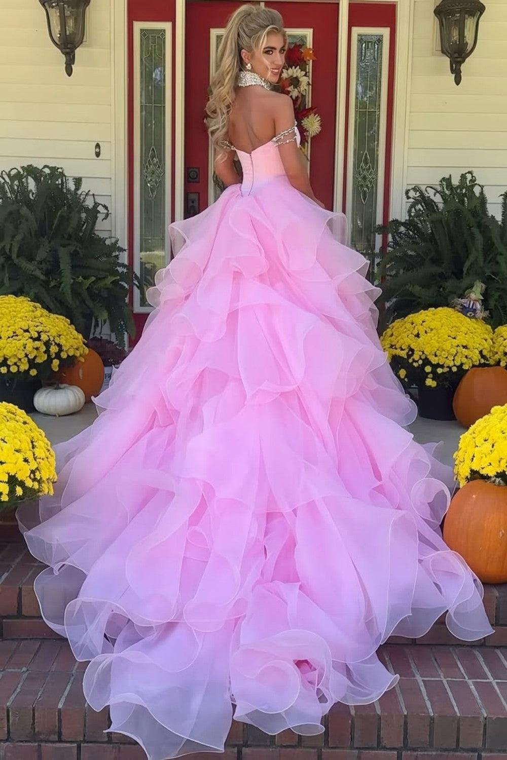 Suzhoufashion Blush Pink Off-The-Shoulder Ball Gown With Crystal Embellishments Formal Evening Gown