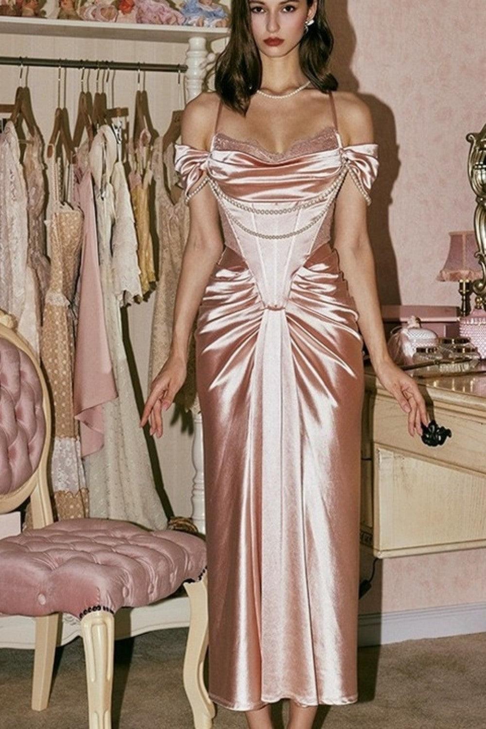 Suzhoufashion Blush Pink Off-The-Shoulder Satin Corset Prom Dress With Pearl Draping Formal Evening Gown