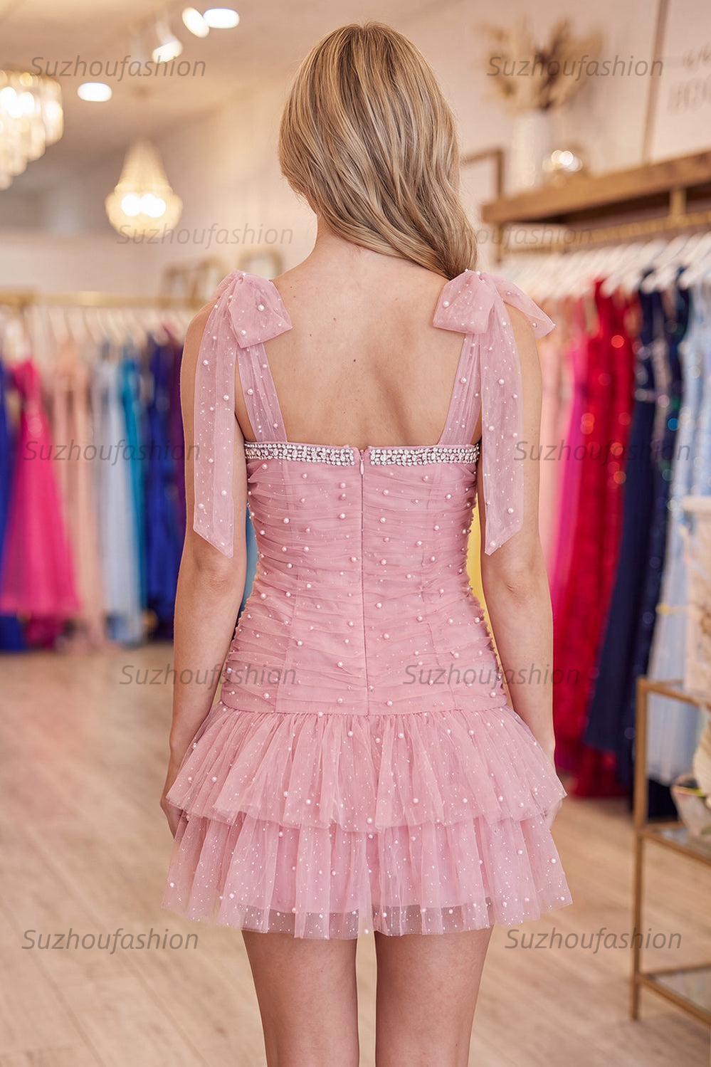 Suzhoufashion Blush Ruffled Short Homecoming Dress with Bows