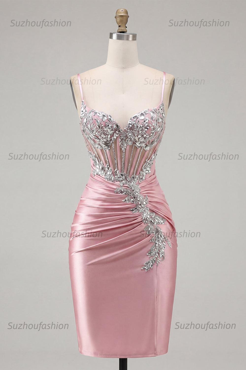 Suzhoufashion Blush Spaghetti Straps Beaded Tight Corset Short Homecoming Dress