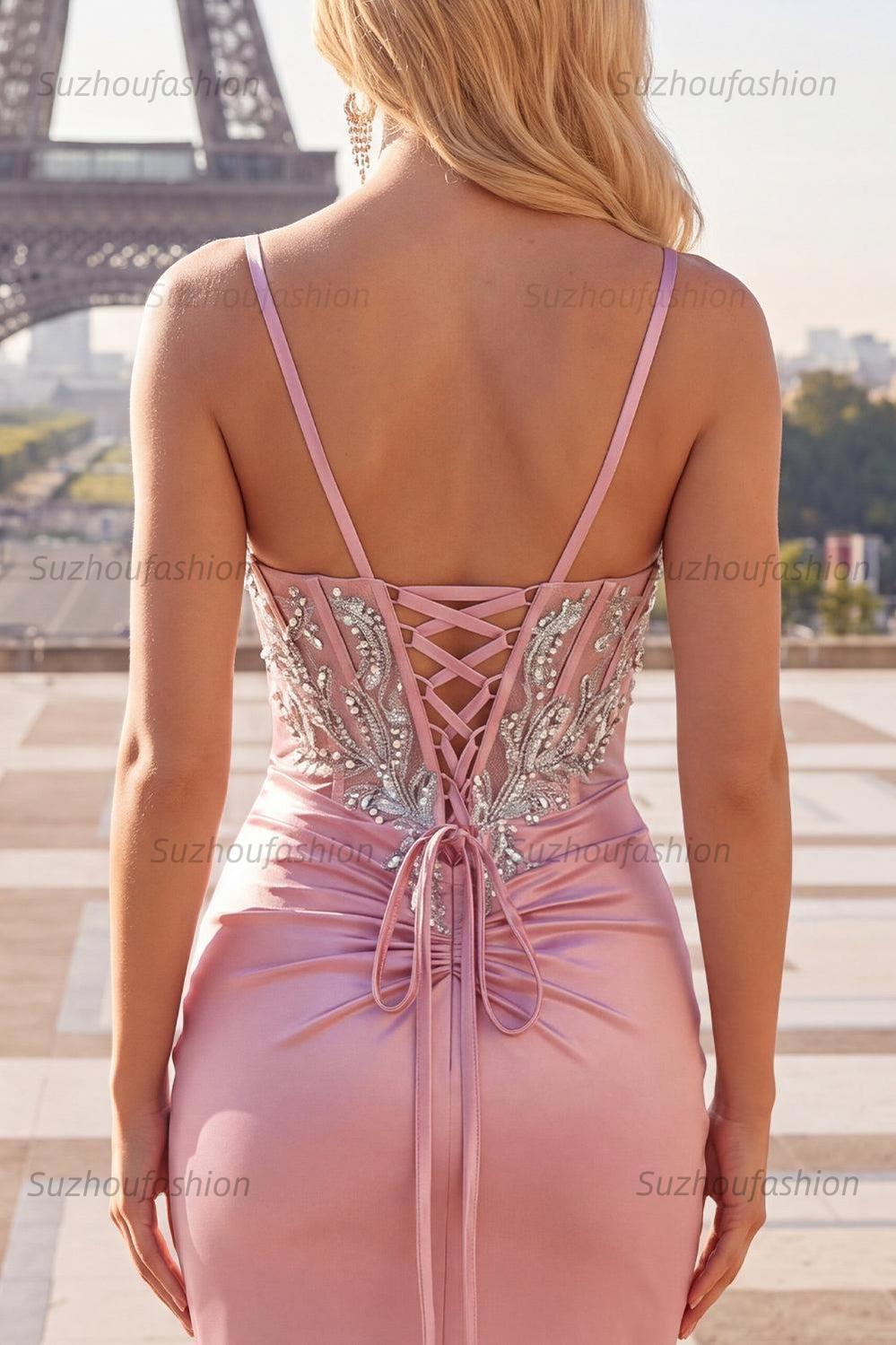 Suzhoufashion Blush Spaghetti Straps Beaded Tight Corset Short Homecoming Dress
