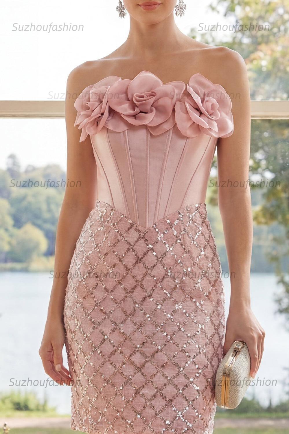 Suzhoufashion Blush Strapless Sequin Corset Short Homecoming Dress with 3D Flowers