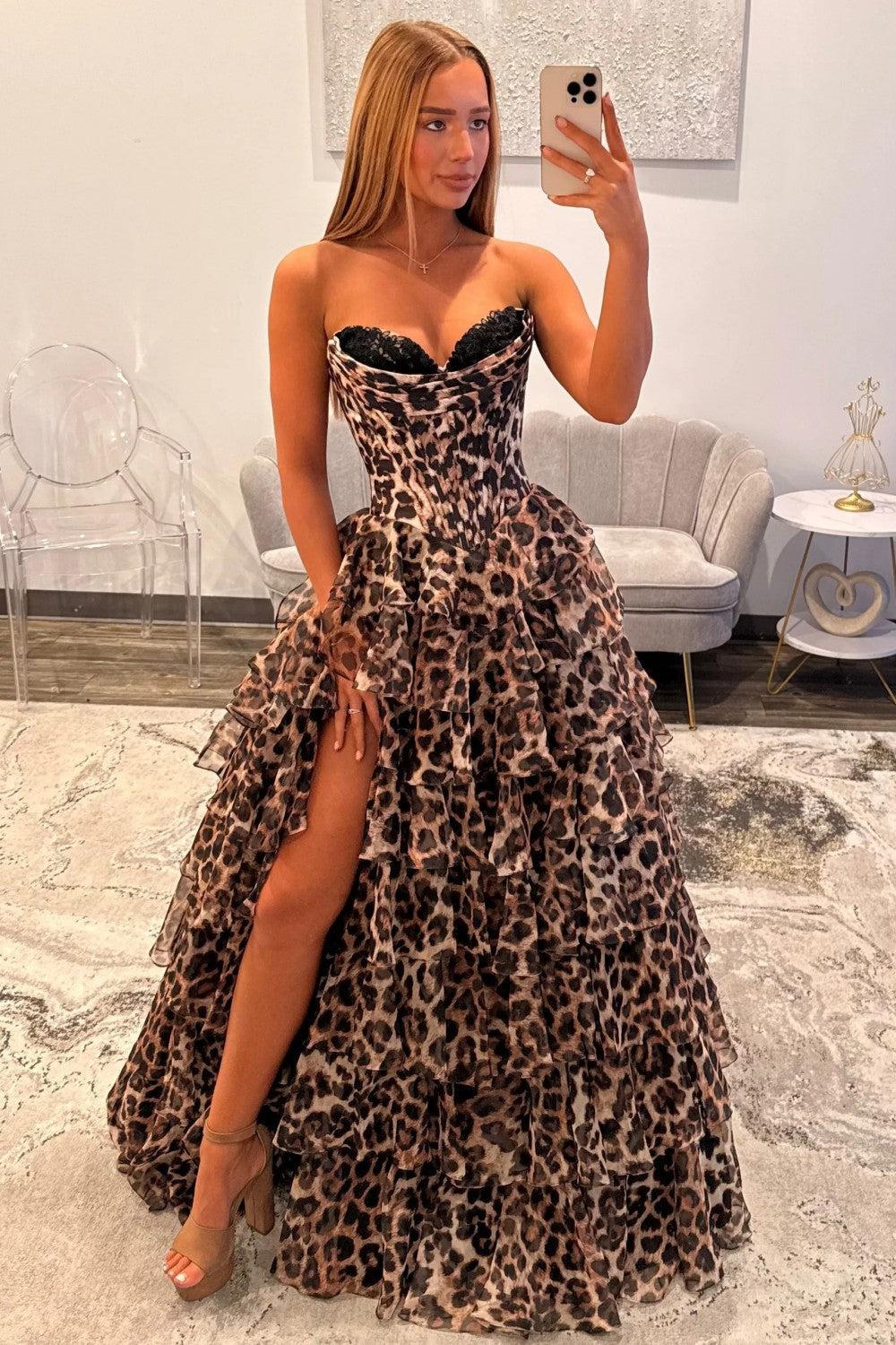 Suzhoufashion Bold Leopard Sweetheart Corset Prom Dress With Layered Ruffle Skirt Formal Evening Gown