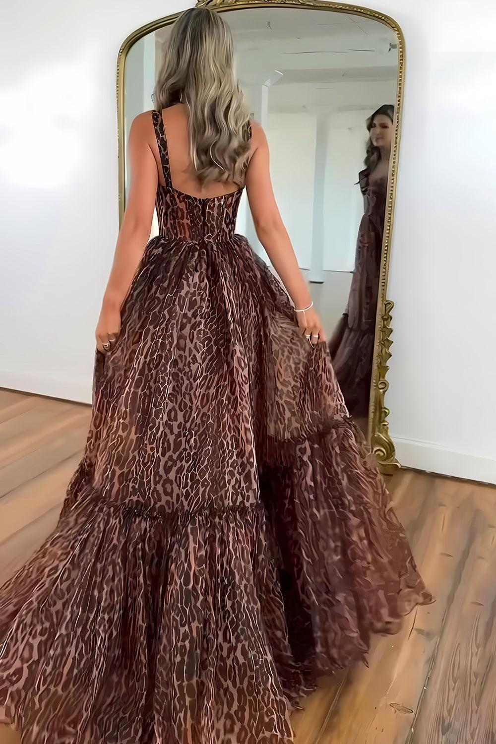 Suzhoufashion Brown Leopard Print Strappy Prom Dress With Flowing Tiered Train Formal Evening Gown
