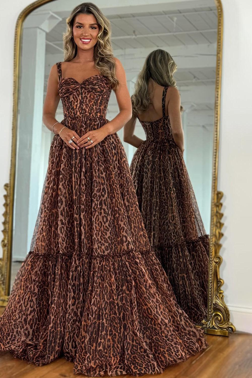 Suzhoufashion Brown Leopard Print Strappy Prom Dress With Flowing Tiered Train Formal Evening Gown