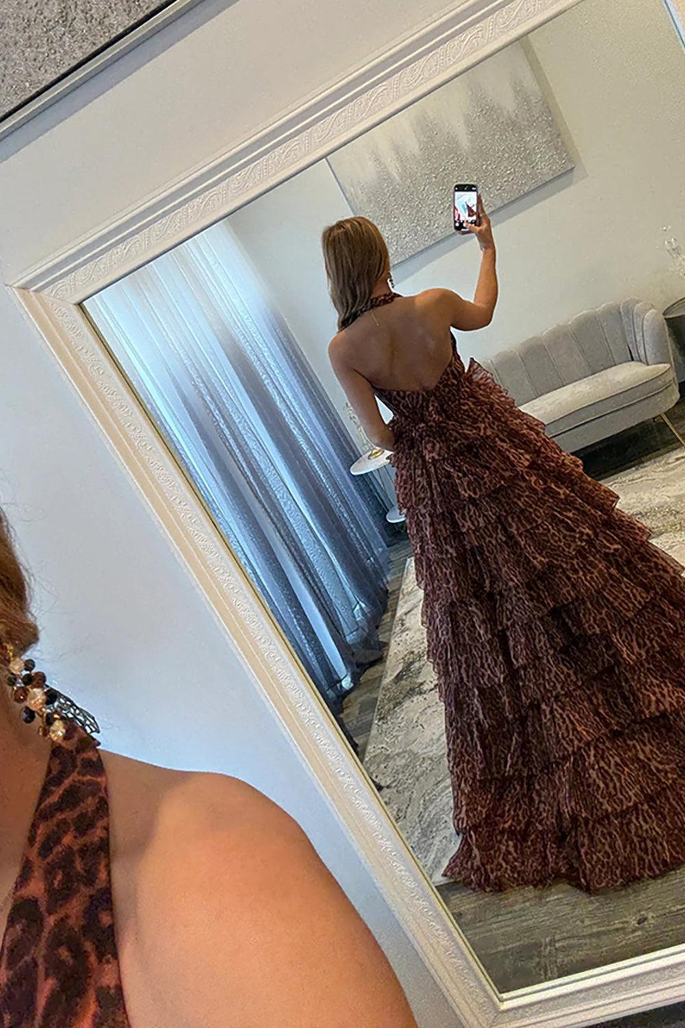 Suzhoufashion Brown Leopard Prom Dress Ball Gown Halter Tiered Ruffled Long Formal Dress
