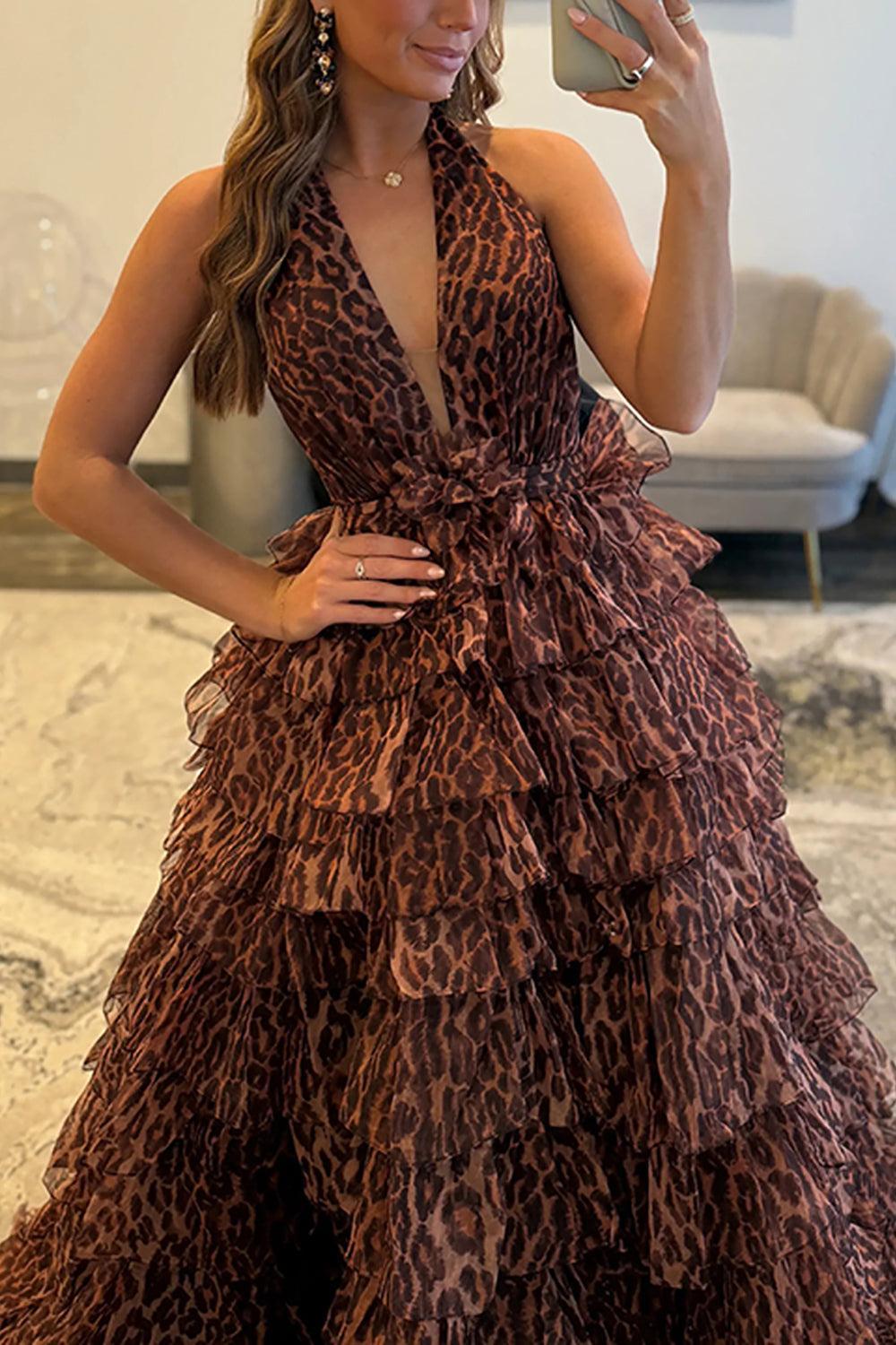 Suzhoufashion Brown Leopard Prom Dress Ball Gown Halter Tiered Ruffled Long Formal Dress
