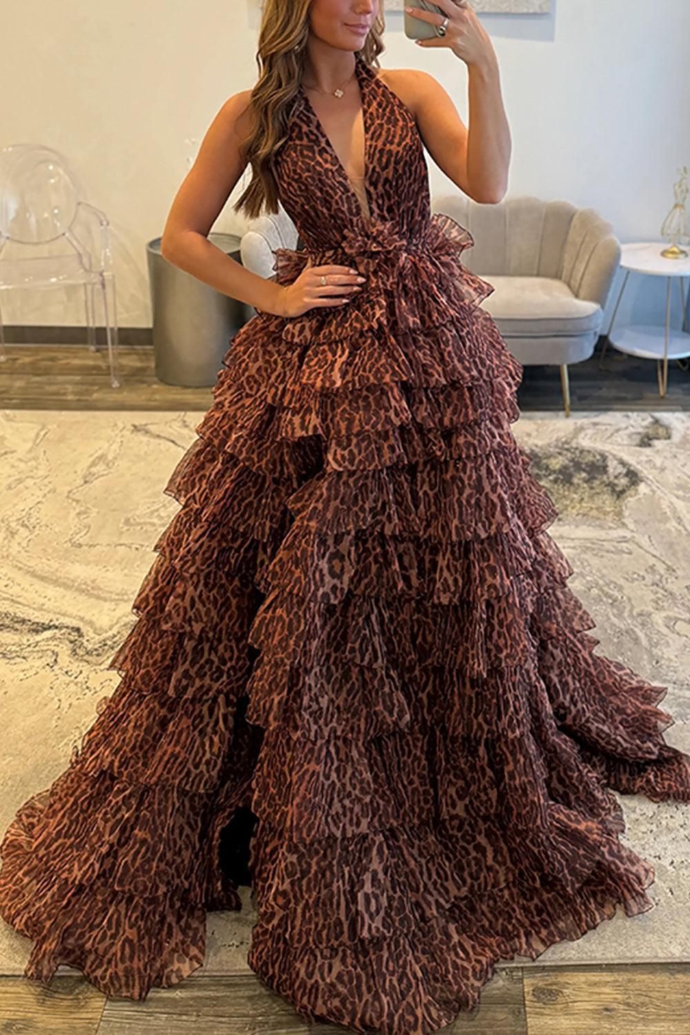 Suzhoufashion Brown Leopard Prom Dress Ball Gown Halter Tiered Ruffled Long Formal Dress