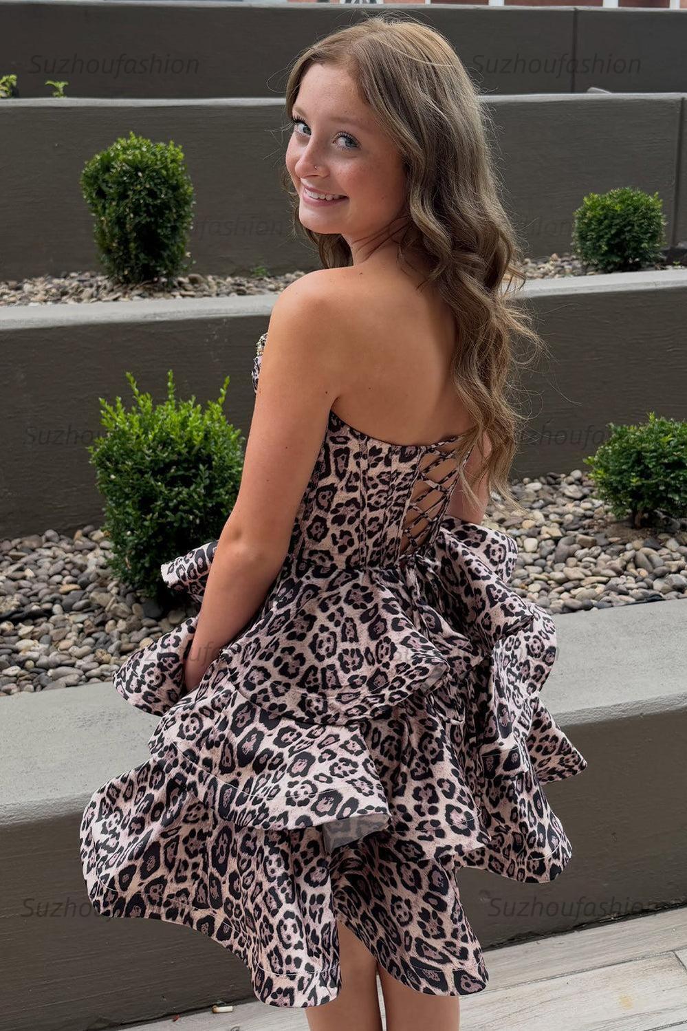 Suzhoufashion Brown Leopard Strapless Tiered Print Corset Short Homecoming Dress with Beading