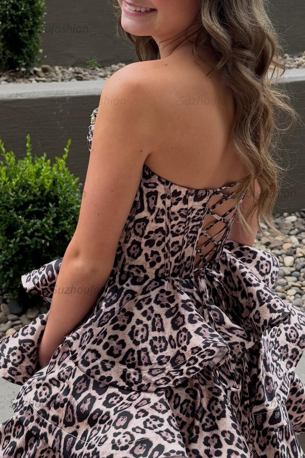 Suzhoufashion Brown Leopard Strapless Tiered Print Corset Short Homecoming Dress with Beading