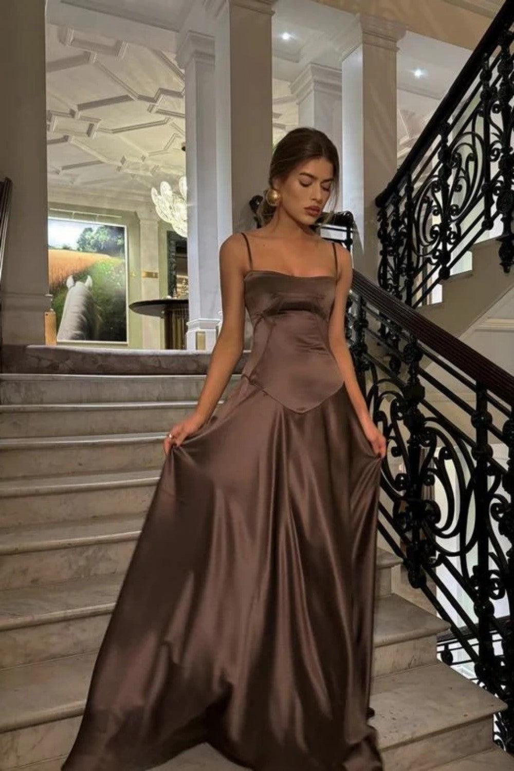 Suzhoufashion Brown Luxe Silk-Look Long Evening Dress With Fitted Bodice Formal Evening Gown