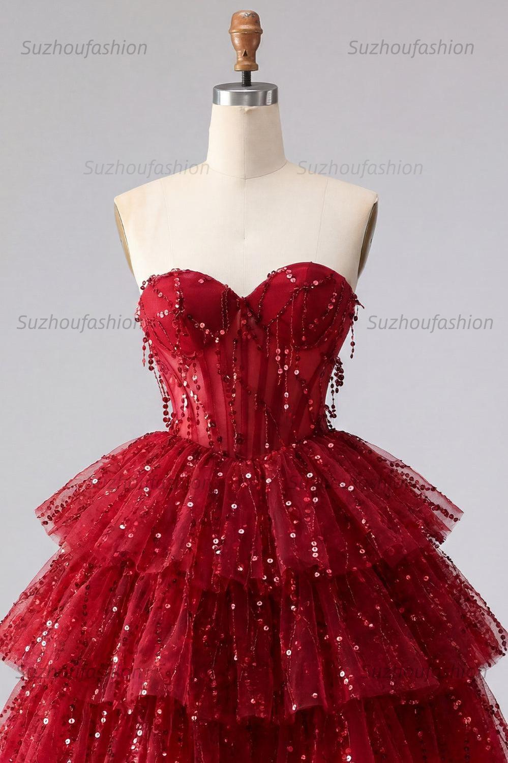 Suzhoufashion Burgundy Strapless Beaded A-Line Corset Short Homecoming Dress
