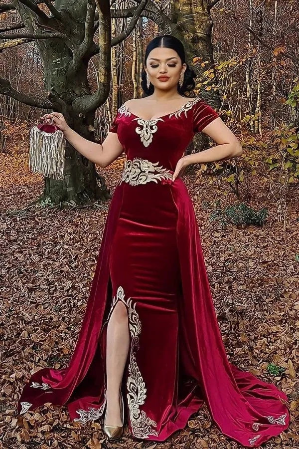 Suzhoufashion Burgundy Velvet Christmas Party Dress Appliques Short Sleeve Formal Dress