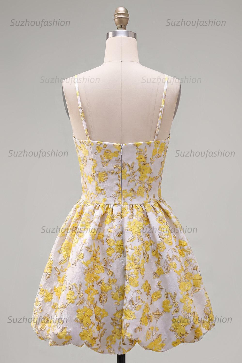 Suzhoufashion Butter Yellow Floral Keyhole A-Line Short Homecoming Dress with 3D Flower