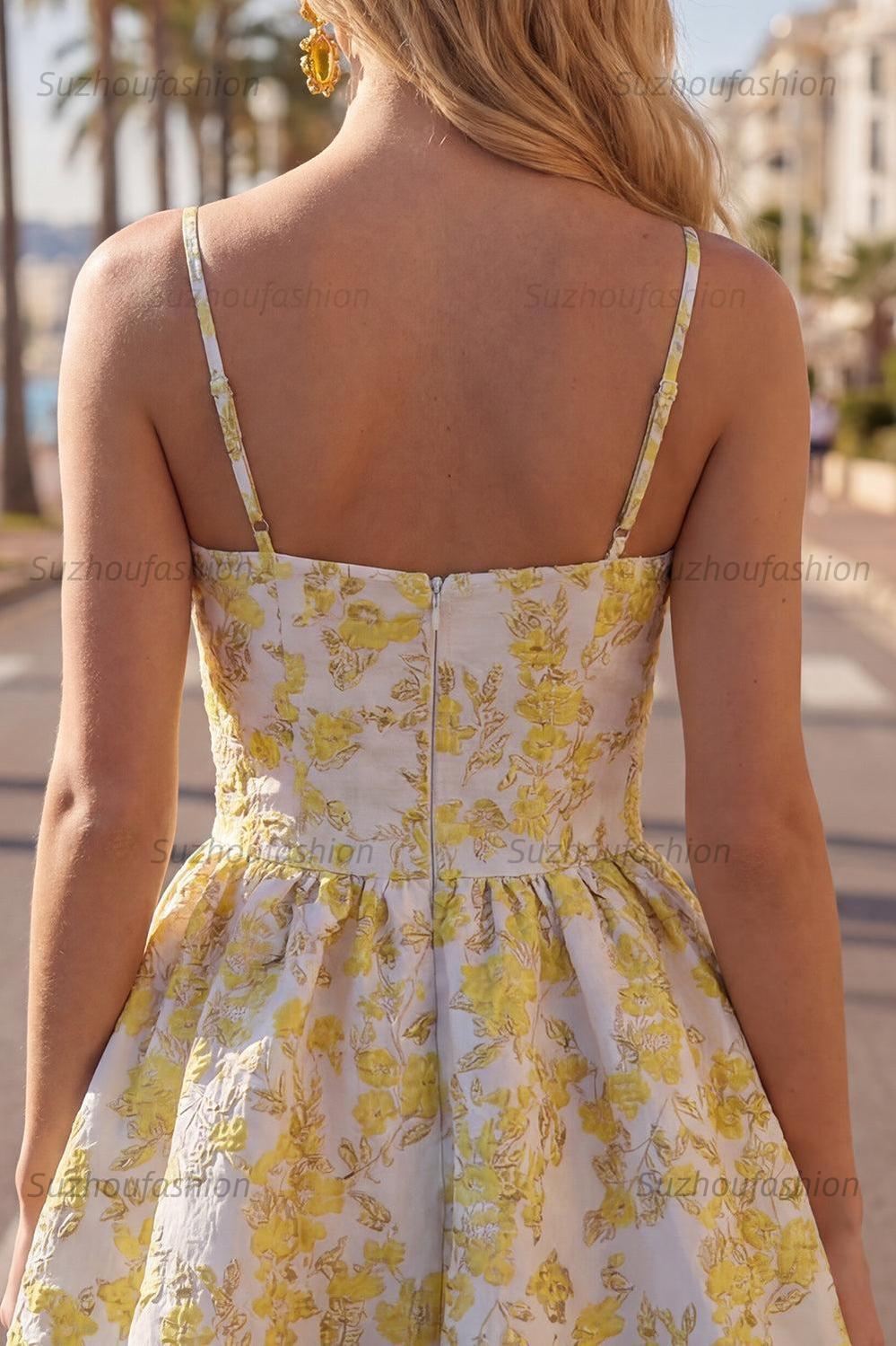 Suzhoufashion Butter Yellow Floral Keyhole A-Line Short Homecoming Dress with 3D Flower