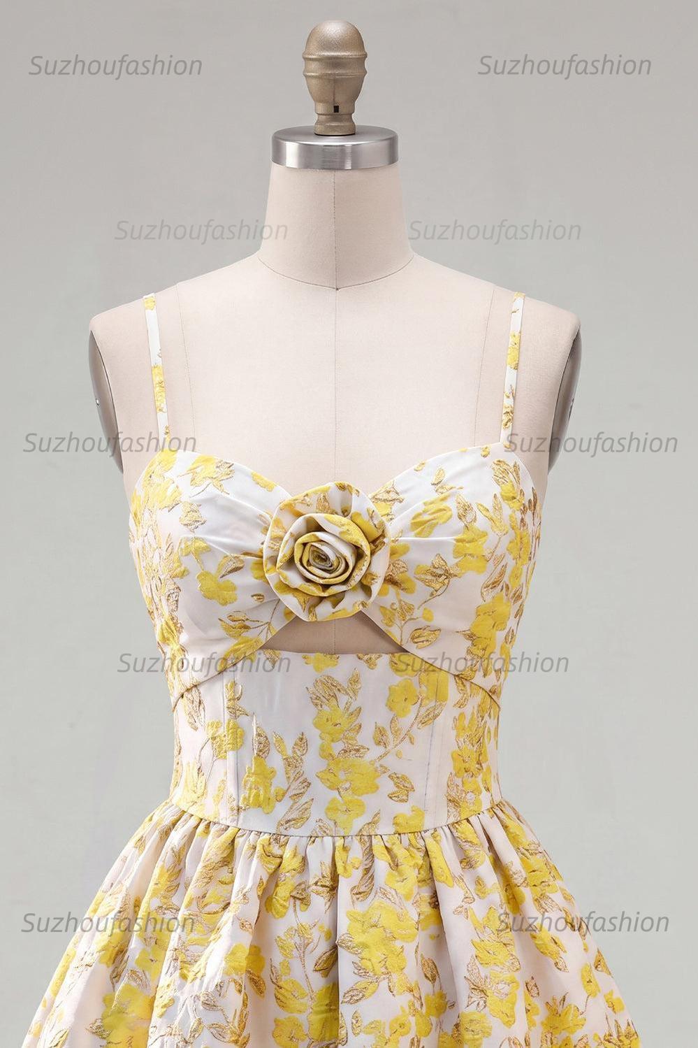 Suzhoufashion Butter Yellow Floral Keyhole A-Line Short Homecoming Dress with 3D Flower