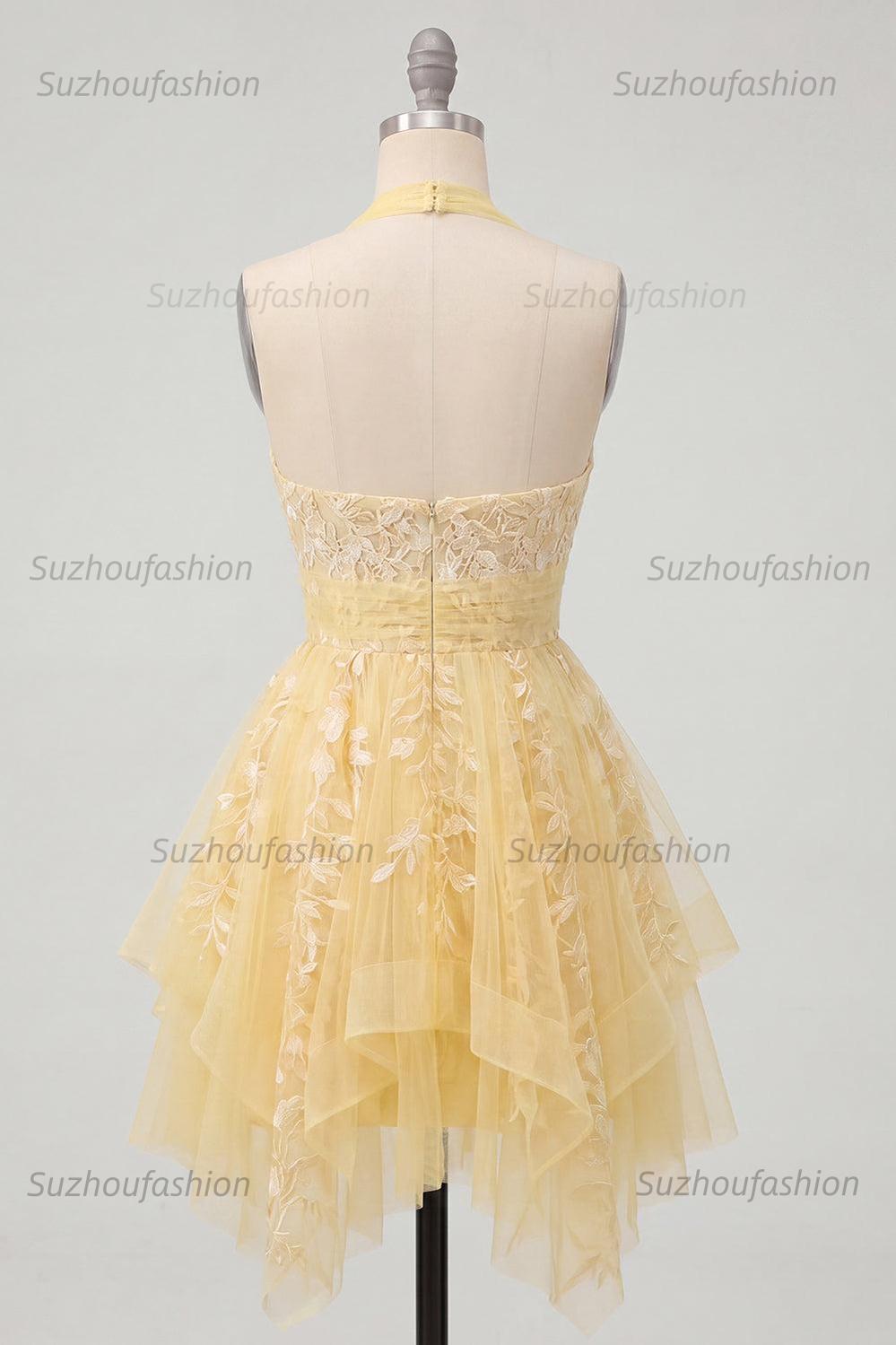 Suzhoufashion Butter Yellow Floral Lace Halter Ruffled A Line Short Homecoming Dress