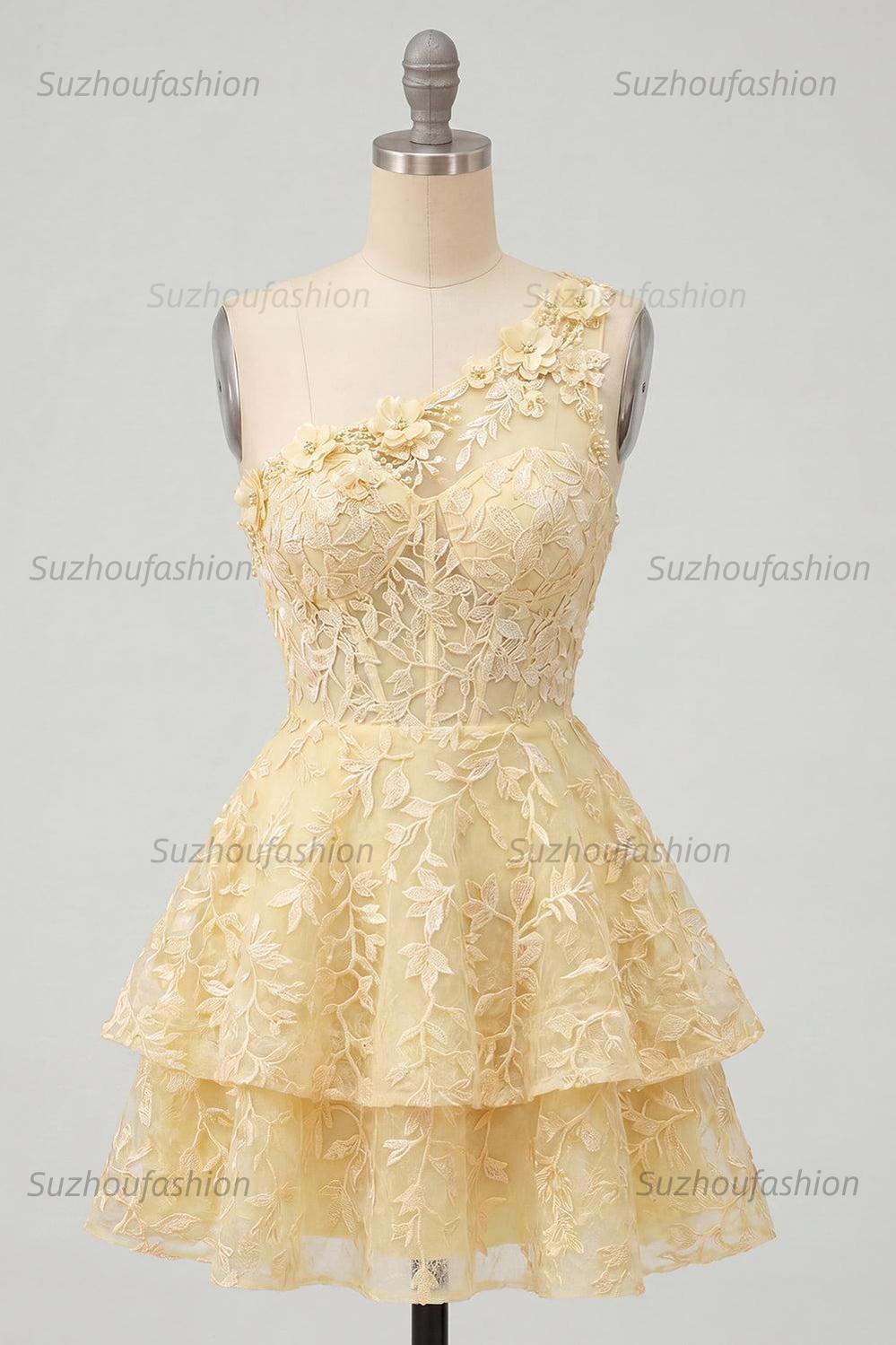 Suzhoufashion Butter Yellow Short Lace Floral One Shoulder Ruffled A Line Corset Homecoming Dress