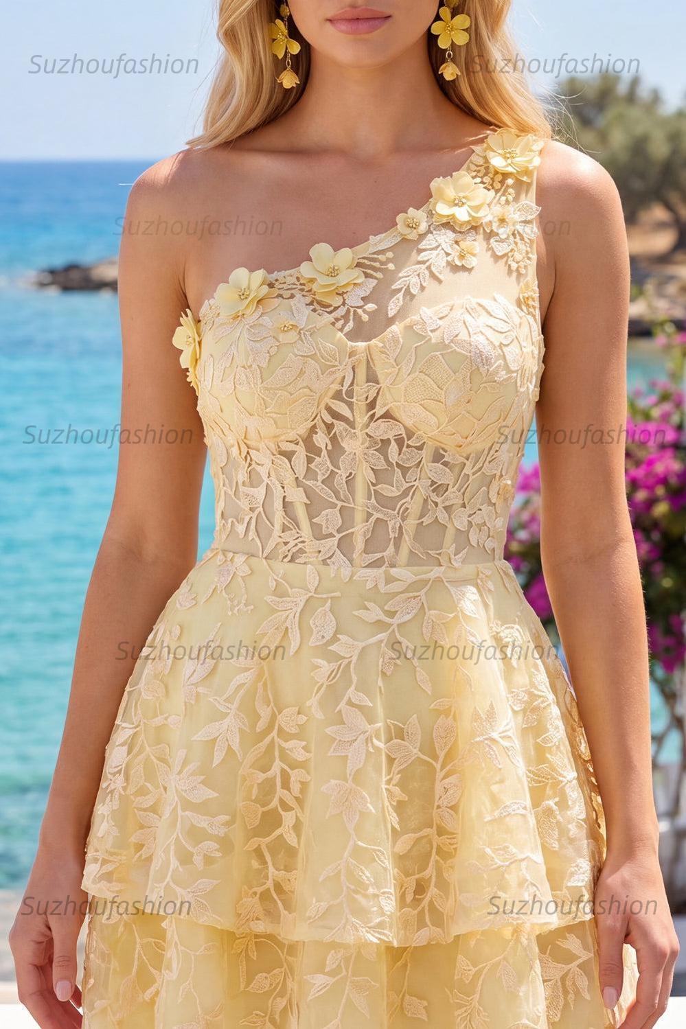 Suzhoufashion Butter Yellow Short Lace Floral One Shoulder Ruffled A Line Corset Homecoming Dress