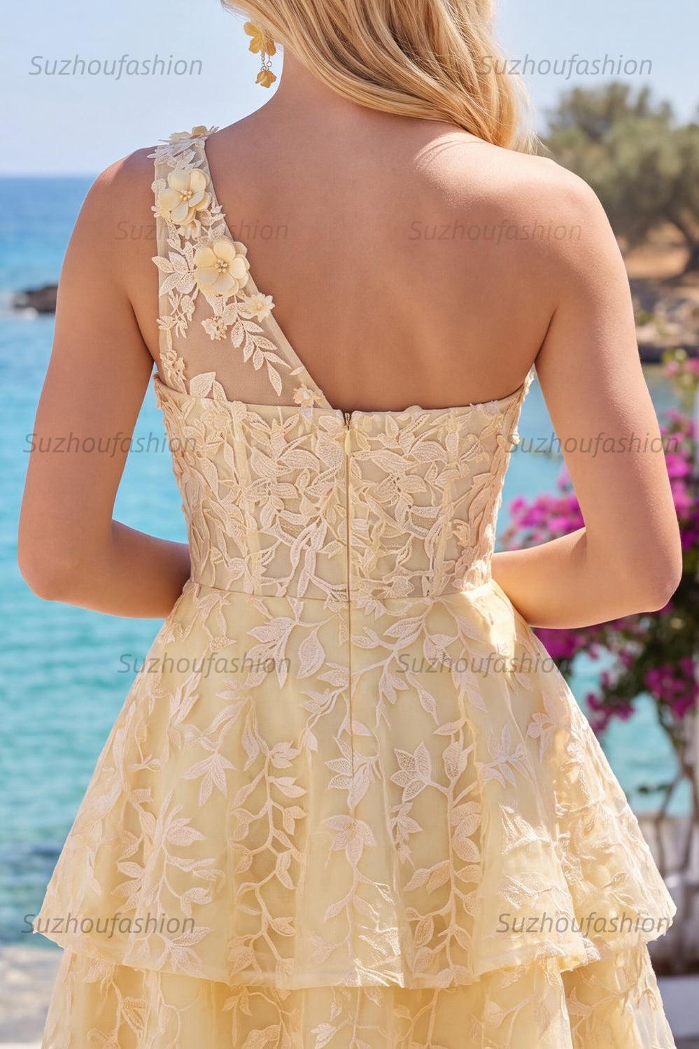 Suzhoufashion Butter Yellow Short Lace Floral One Shoulder Ruffled A Line Corset Homecoming Dress