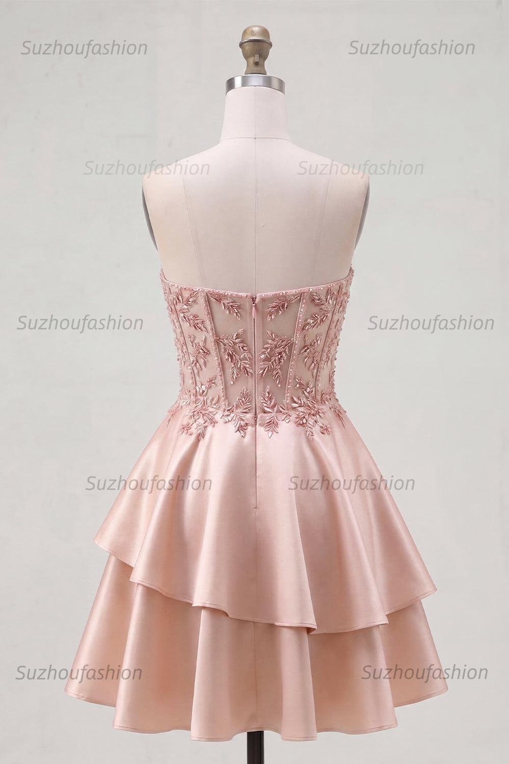 Suzhoufashion Champagne Beaded A-Line Corset Short Homecoming Dress with Ruffles