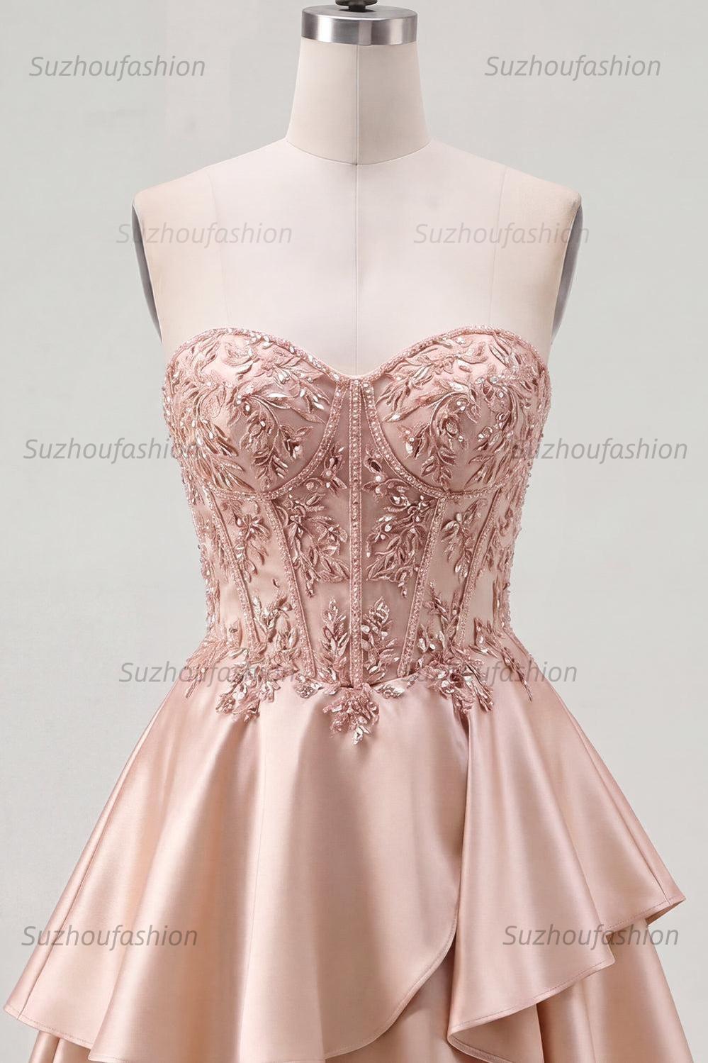 Suzhoufashion Champagne Beaded A-Line Corset Short Homecoming Dress with Ruffles