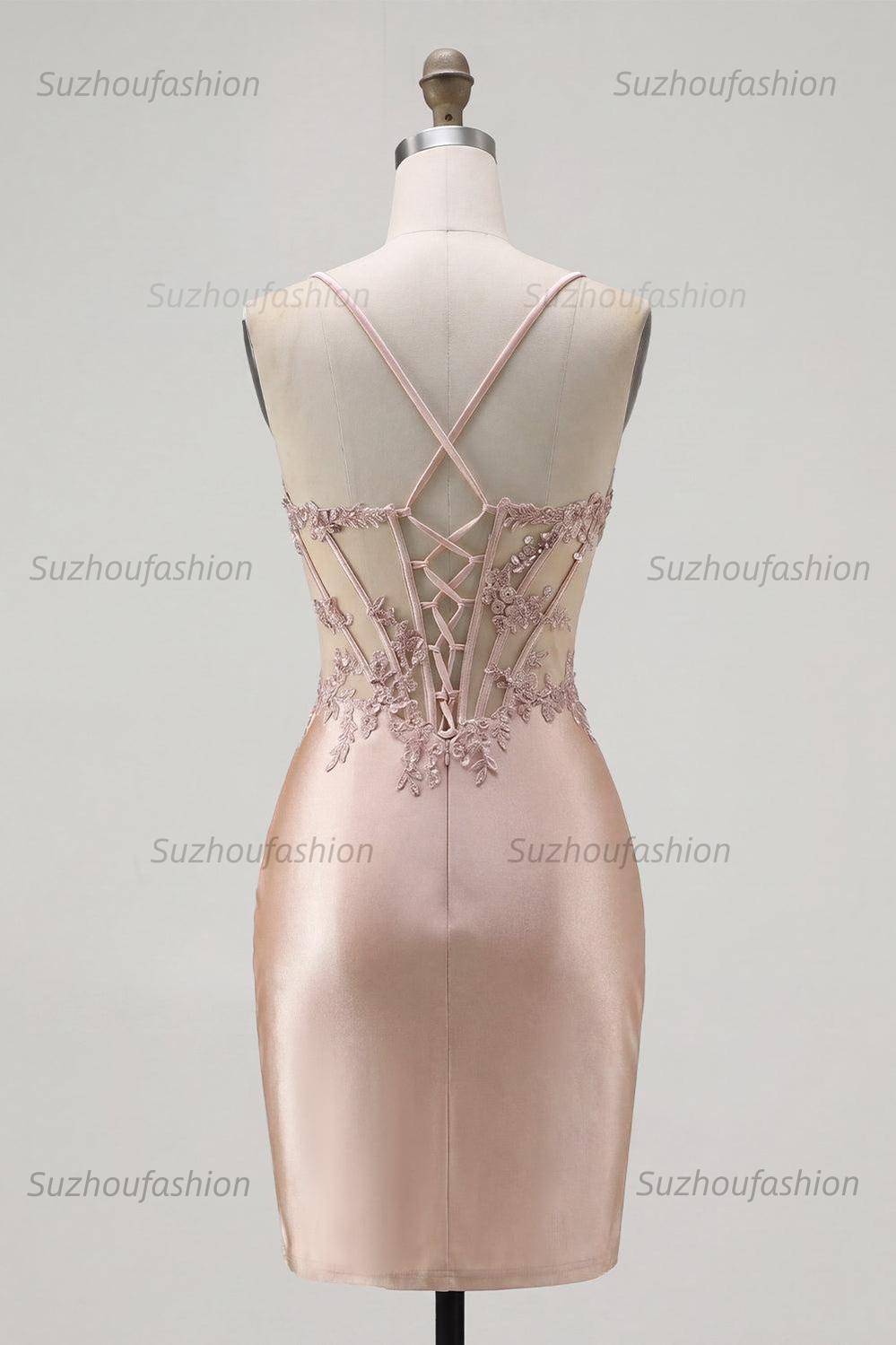 Suzhoufashion Champagne Beaded Ruched Corset Tight Short Homecoming Dress